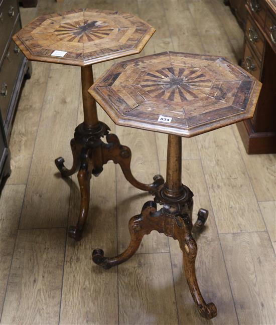 A pair of early Victorian octagonal top occasional tables, in beechwood, the inlaid tops crossbanded in rosewood W.44cm